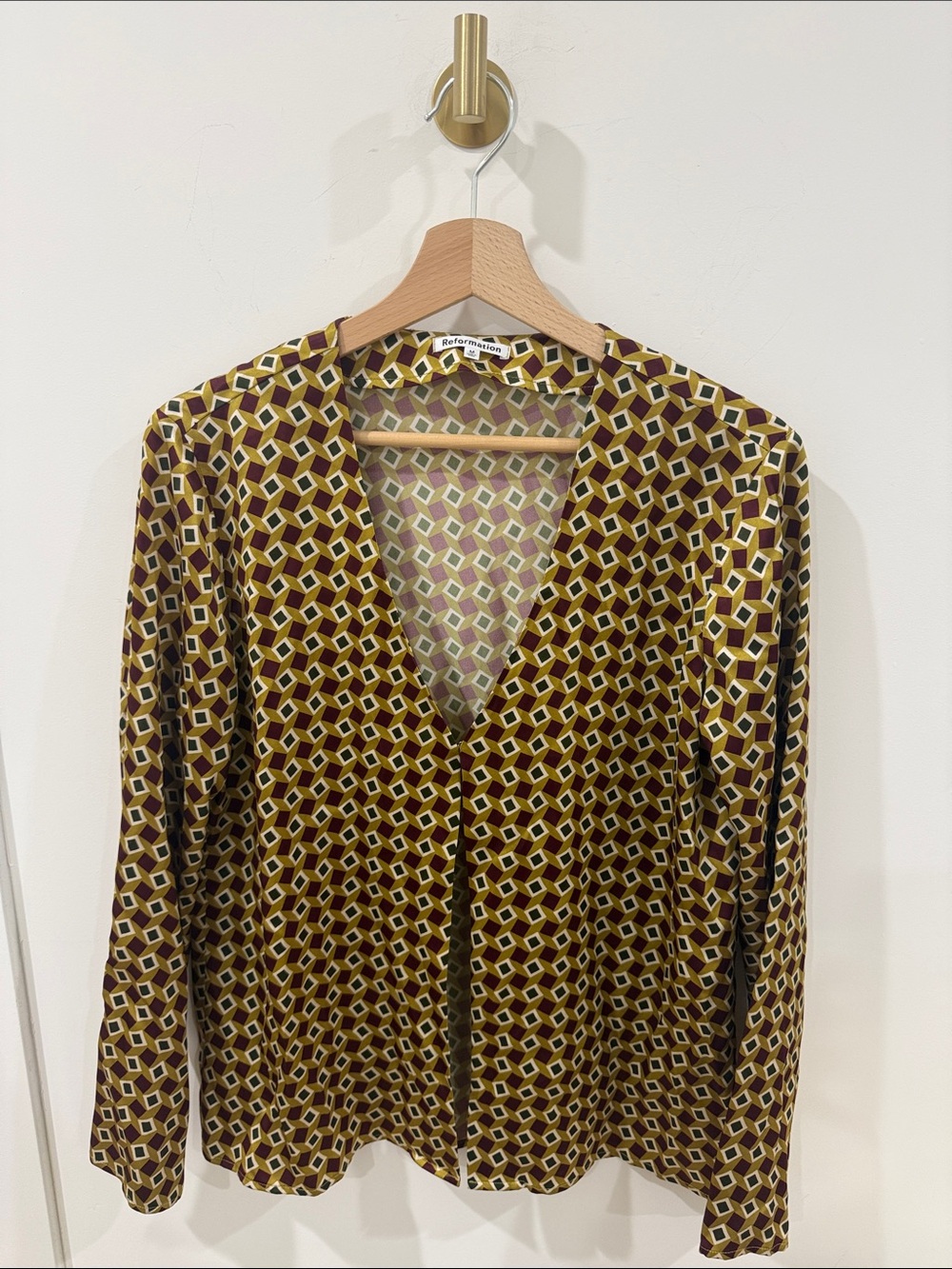 Reformation 100% Silk Geometric Button-Down Blouse in Mustard and Brown